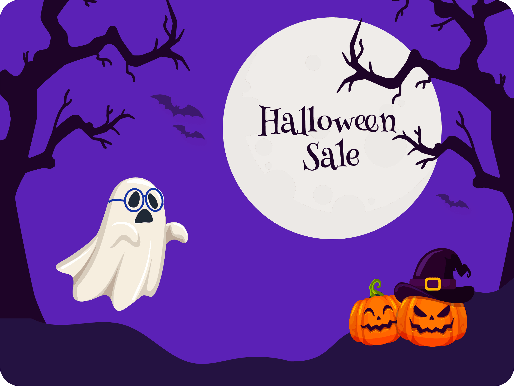 Halloween Sale advertisement with a ghost wearing glasses, two jack-o’-lanterns, and a full moon against a purple background.